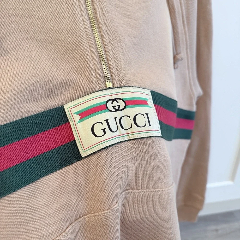 Gucci Half‎ Zip Hoodie Web Stripe Logo Patch Beige Pink Cotton Size S Italy